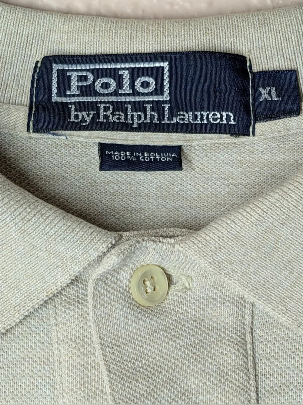 Polo Ralph Lauren Men’s XL Heather Cream Beige Cotton Pique Polo Navy Pony